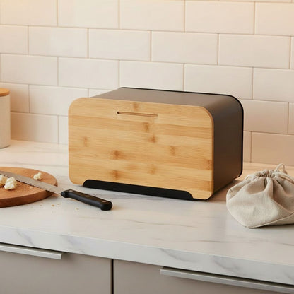 Huche a pain moderne rangement cuisine métal noir bambou Noirvia