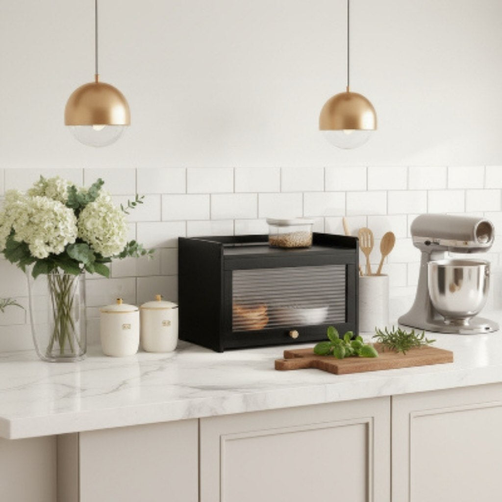 huche pain en bambou cuisine moderne ClairPain noir etage superieure