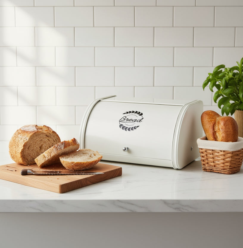 Huche pain fer couvercle enroulable blanc cuisine élégante InoxaBread