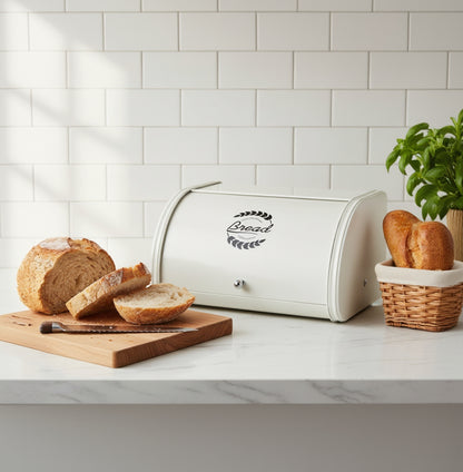 Huche pain fer couvercle enroulable blanc cuisine élégante InoxaBread