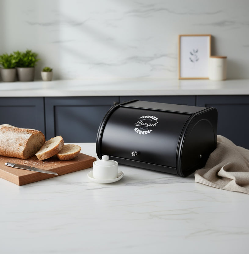 Huche pain fer couvercle enroulable noir cuisine élégante InoxaBread