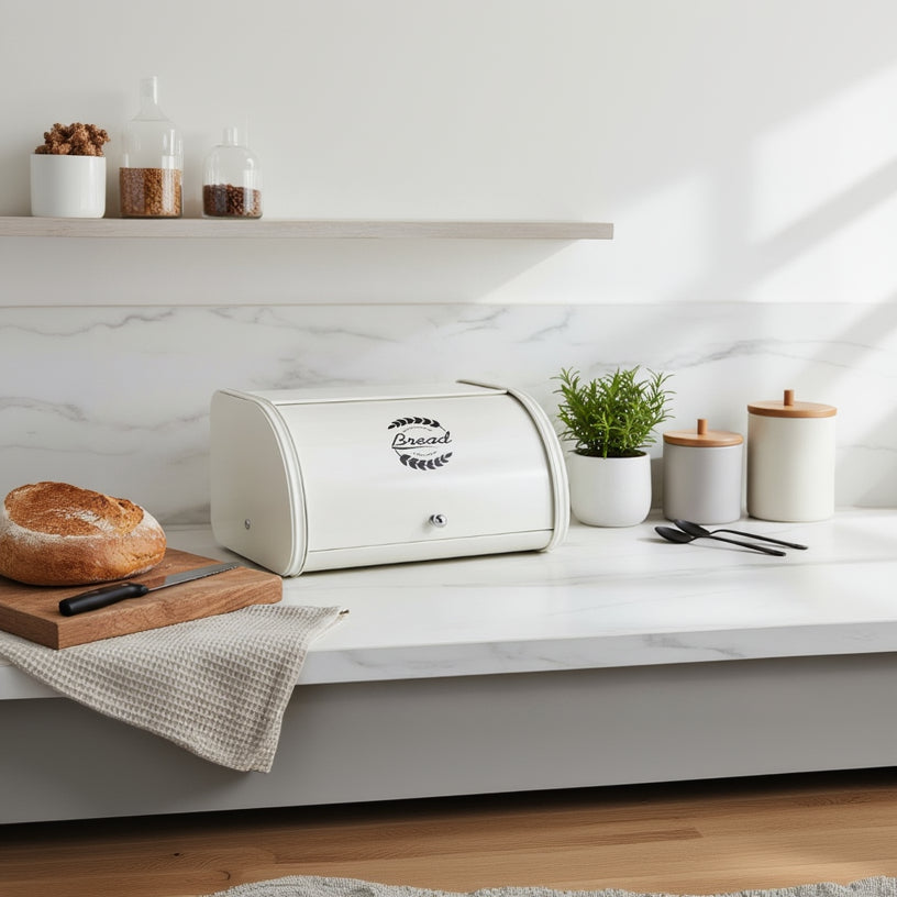 Huche pain métallique 31.5cm blanche stockage baguettes frais InoxaBread