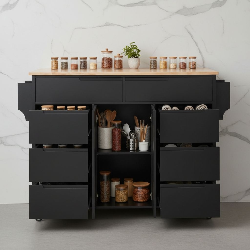 Meuble desserte pour cuisine 8 tiroirs armoire etageres noire Mobile