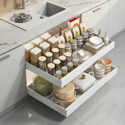 panier cuisine coulissant étendu 68cm blanc rempli vaisselles ustensiles flexislidemax