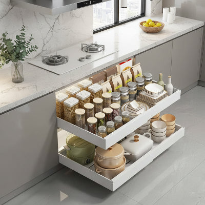 panier cuisine coulissant retractable blanc étendu rempli vaisselles ustensiles flexislidemax