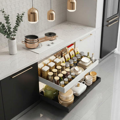 panier cuisine coulissant retractable blanc noir étendu rempli vaisselles flexislidemax