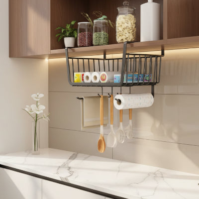 panier sous étagère cuisine rangement suspendu metal noir avec crochets