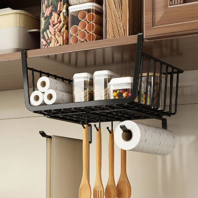 panier sous étagère metal noir avec accroches suspendu sur étagère