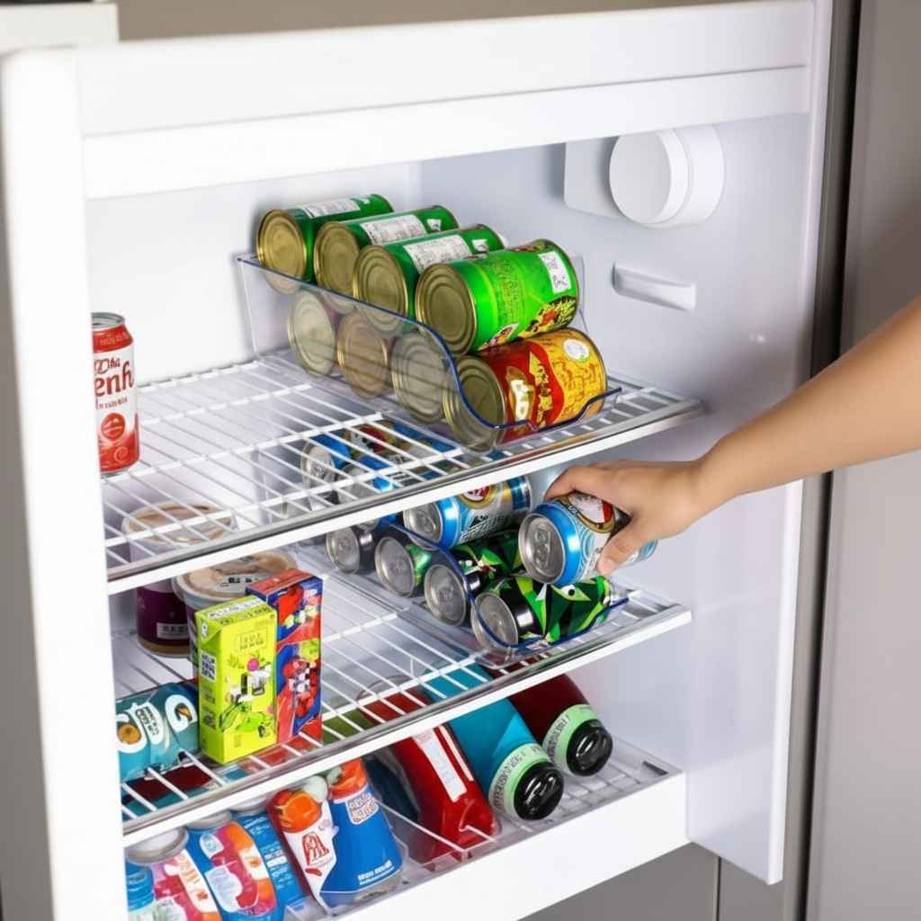 Porte bouteille frigo femme saisit canette bout des doigts Canéa
