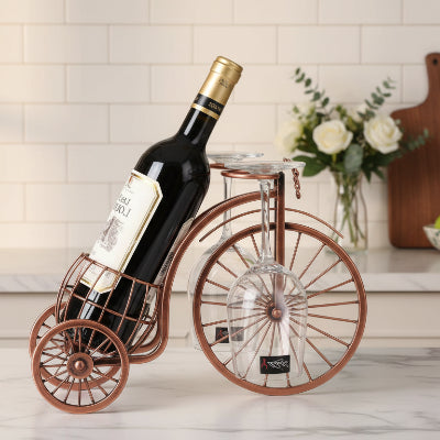 porte bouteille tricycle vintage metal cuivre support 2 verres VeloVino