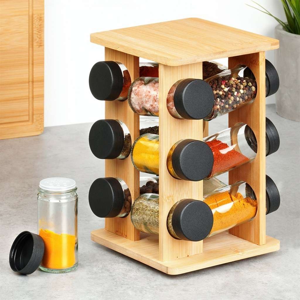 Porte epice en bois bambou 12 pots verre BoisDelices Rotatif