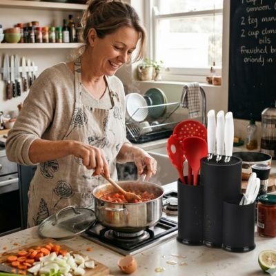 Porte ustensiles cuisine femme prépare son repas Utensia 3en1