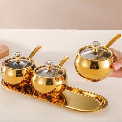 pot a epice avec cuillere acier inoxydable dore Aurea Prestige
