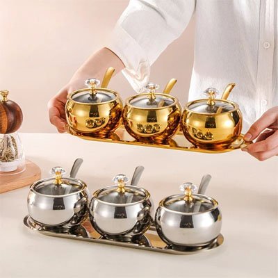 pot a epice avec cuillere couvercle transparent dore argente AureaPrestige