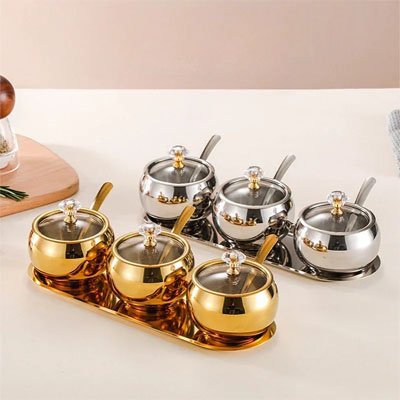 pot a epice avec cuillere finition doree argentee Aurea Prestige