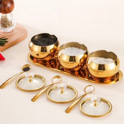 pot a epice avec cuillere finition doree set 3 AureaPrestige