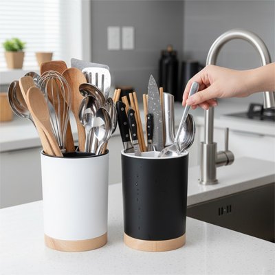 Pot a ustensile design bicolore Noir blanc base bois Ustélia