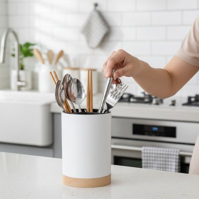Pot a ustensile noir base bois naturel 3 compartiments Ustélia