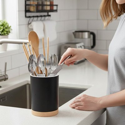Pot a ustensile noir base bois naturel 3 compartiments Ustélia
