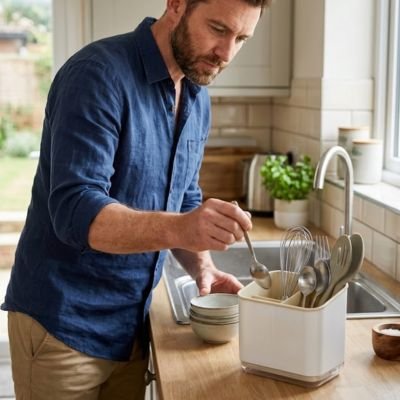 pot à ustensiles beige homme récupère facilement ustensiles Égouttoir Intégré