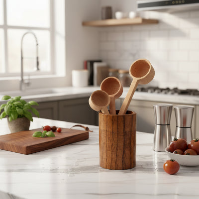 Pot à ustensiles cuisine moyenne rempli plan de travail CuistoBois