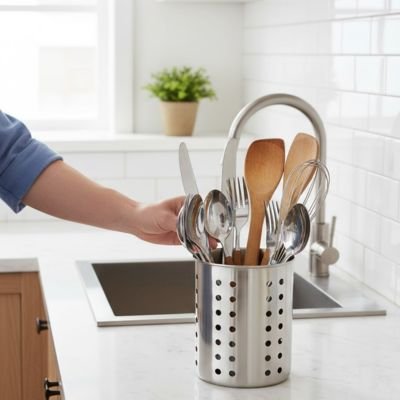 Pot à ustensiles de cuisine design cylindrique perforations séchage rapide