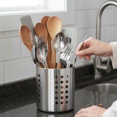 Pot à ustensiles de cuisine L femme utilise fouets AcierInox
