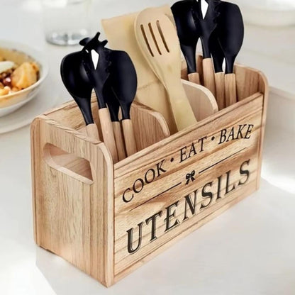 Pot ustensiles cuisine bois naturel Signature Bois Triple Compartiment