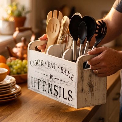Pot ustensiles cuisine finition blanche Signature Bois Triple Compartiment