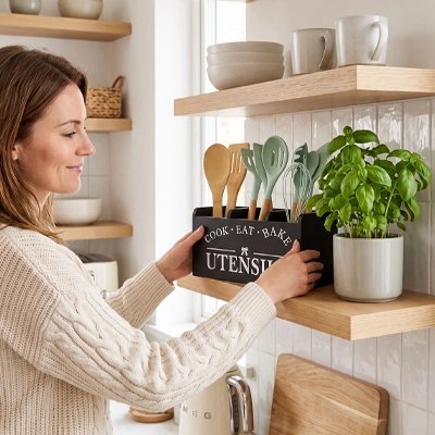 Pot ustensiles cuisine noir femme le range sur etagere SignatureBois