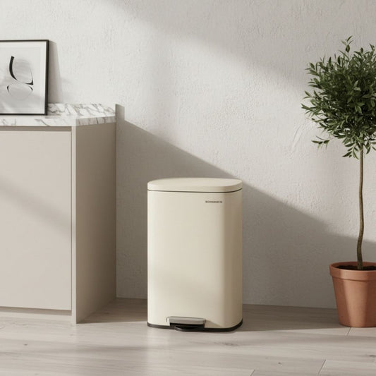 Poubelle 50 L cuisine fermeture douce pédale robuste beige Elegance50