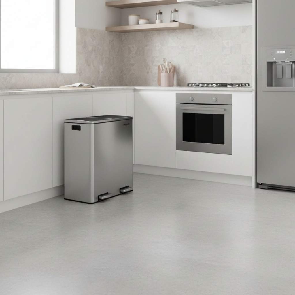 poubelle a couvercle double aluminium cuisine hygienique pedale argente Dualis60L