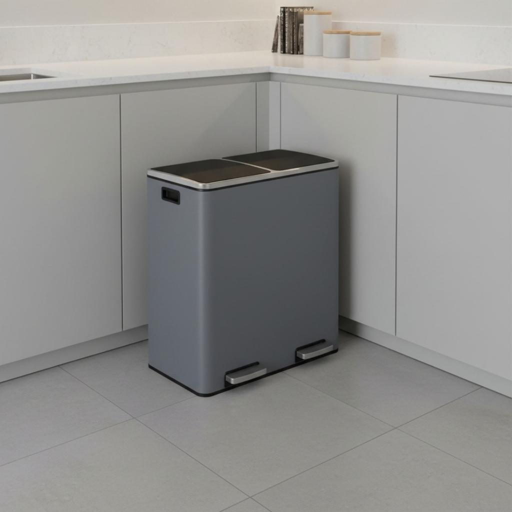 poubelle a couvercle double aluminium gris cuisine rangee propre Dualis60L