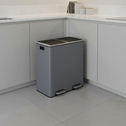 poubelle a couvercle double aluminium gris cuisine rangee propre Dualis60L