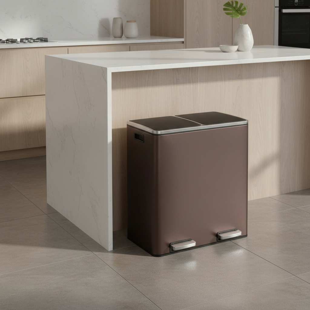 poubelle a couvercle double aluminium mains libres elegante brun Dualis60L