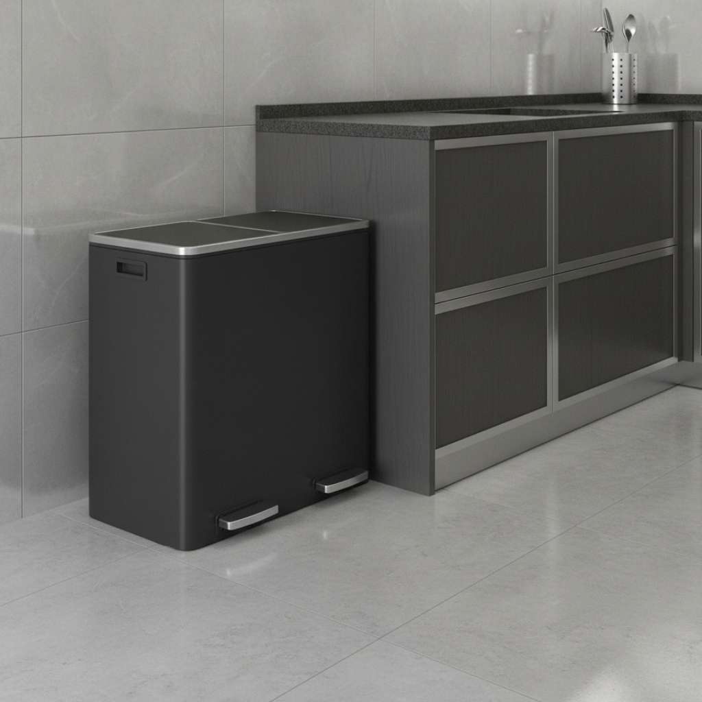 poubelle a couvercle double aluminium mains libres pedale noir Dualis60L