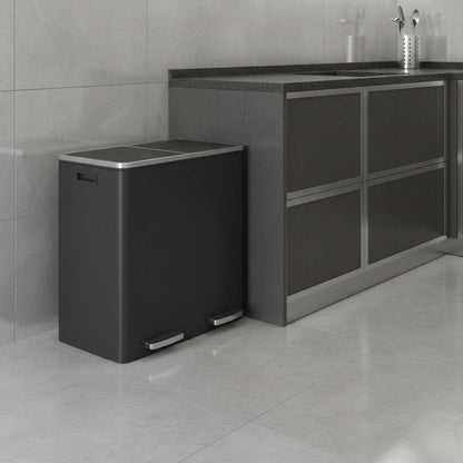 poubelle a couvercle double aluminium mains libres pedale noir Dualis60L