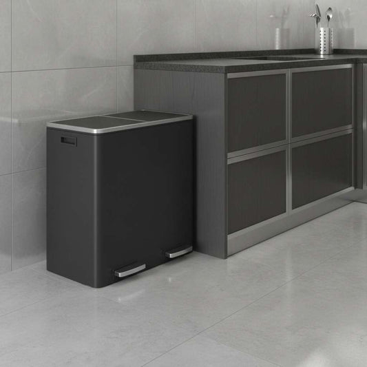 poubelle a couvercle double aluminium mains libres pedale noir Dualis60L