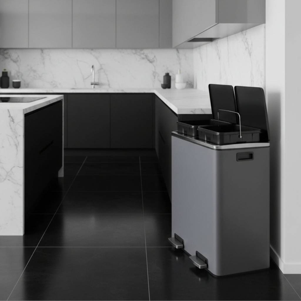 poubelle a couvercle double aluminium seau amovible fermeture hermetique Dualis60L