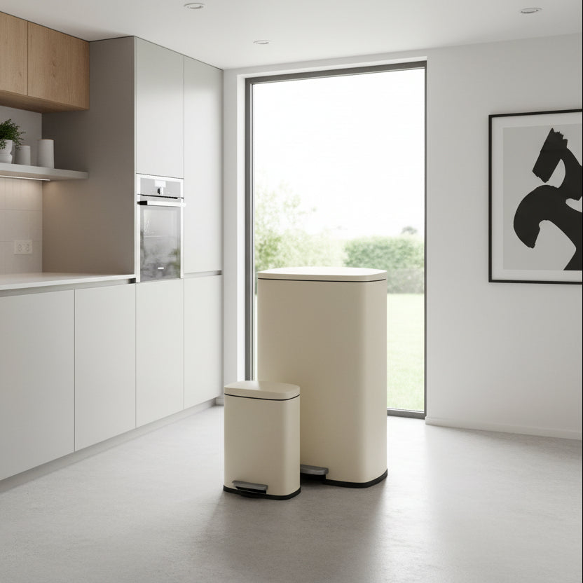 Poubelle cuisine 50l pedale acier inox beige avec poubelle 5l
