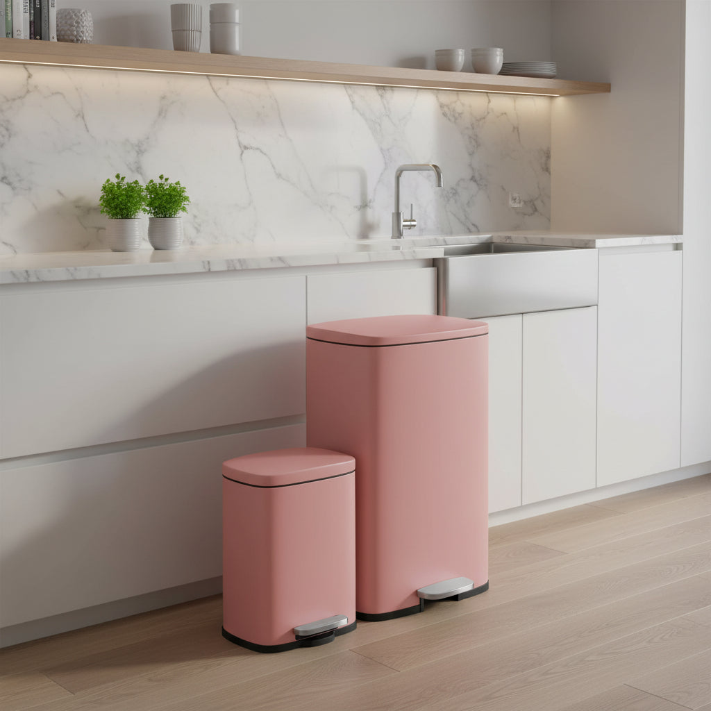 Poubelle cuisine 50l pedale acier inox rose avec poubelle 5l