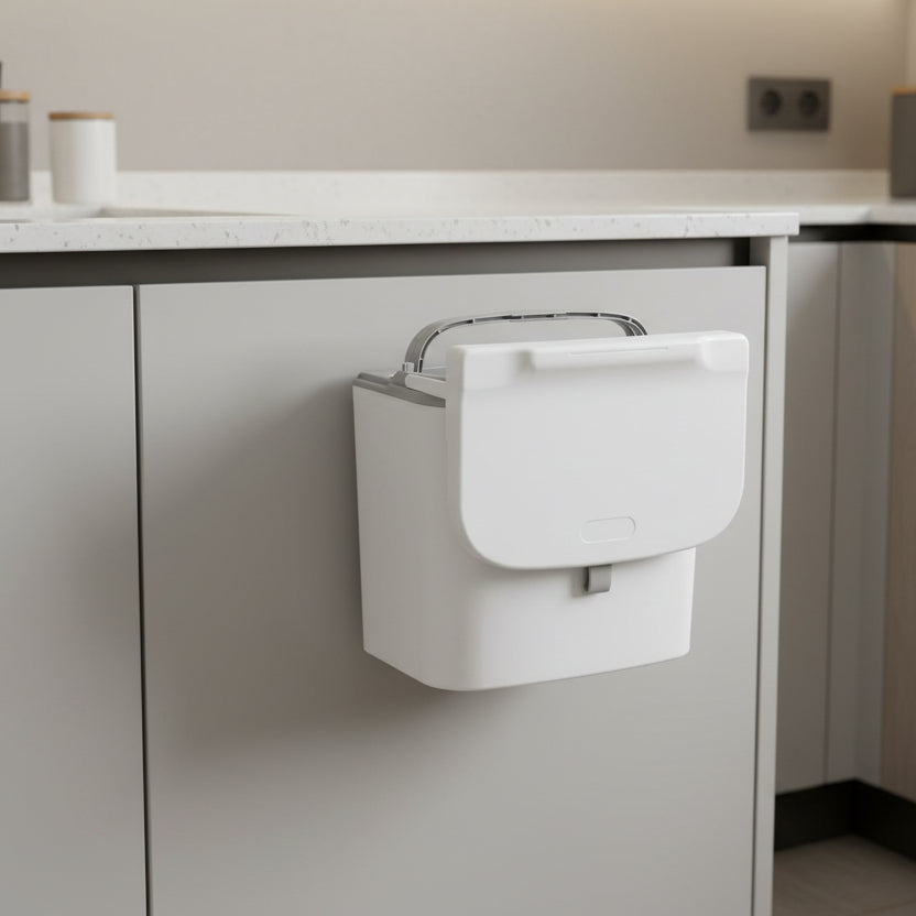 Poubelle cuisine sous évier 7L Blanc gris compacte pratique PorteMalin