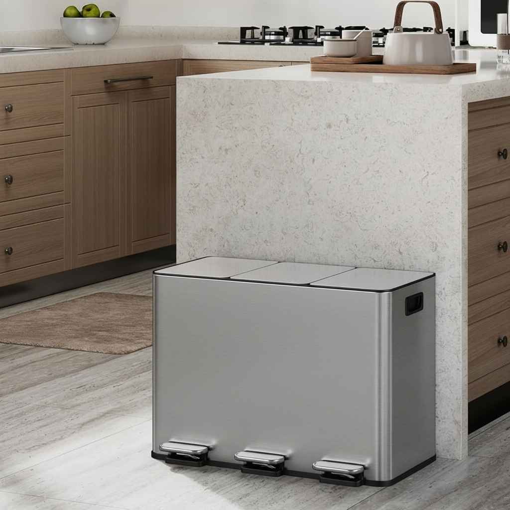 poubelle de cuisine tri 3 compartiments 15l pédale argentée RecyNova
