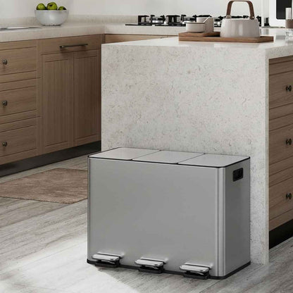 poubelle de cuisine tri 3 compartiments 15l pédale argentée RecyNova