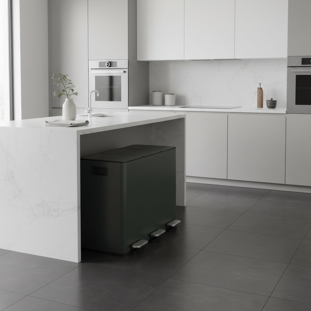 poubelle de cuisine tri 3 compartiments 15L pédale vert militaire