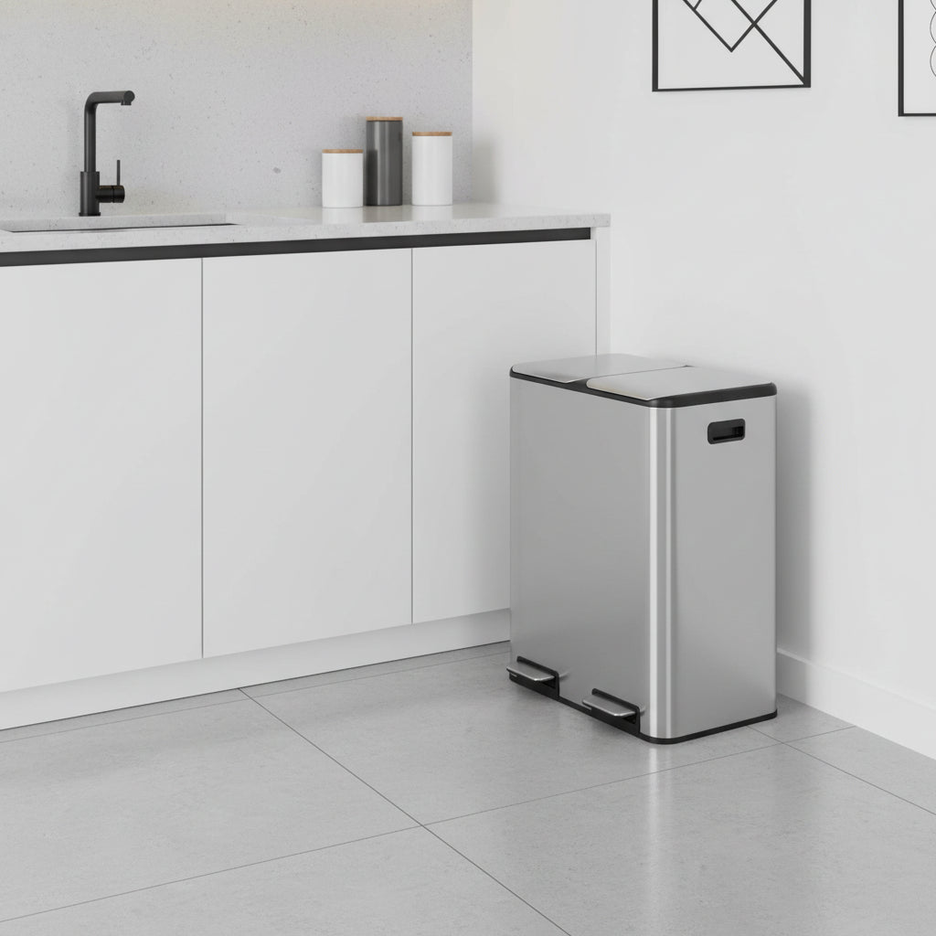 Poubelle de tri compartiments séparés couvercle silencieux robuste Inoxa DuoClean60L