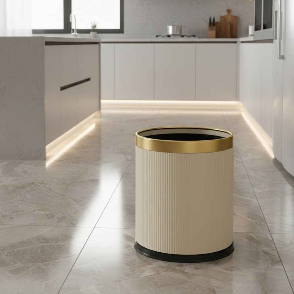 poubelle deco cuisine moderne ouverte beige bordure doree 23.5x23.5x27cm NordikBinGold