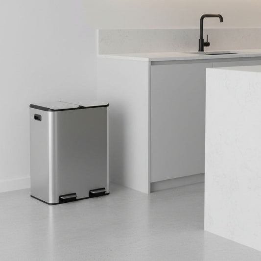 poubelle double compartiment 2x30l acier inoxydable rangement compact Inoxa DuoClean 60L