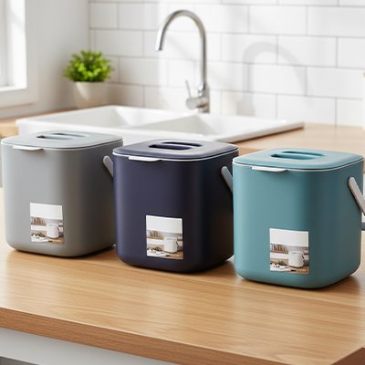 poubelle en plastique compacte rangement cuisine bleue violet grise AeroClean