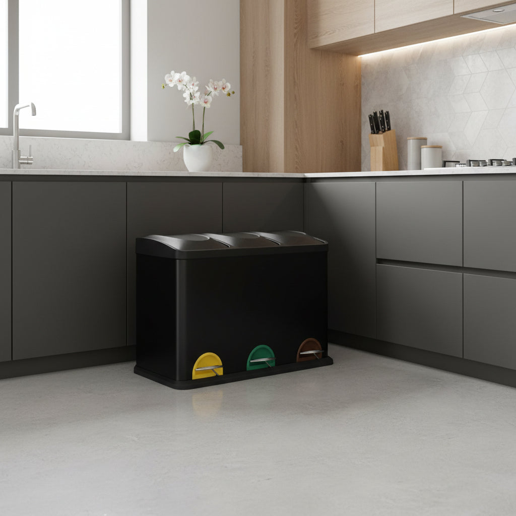 poubelle pour tri selectif cuisine inox pedale hermetique noire TriHarmony